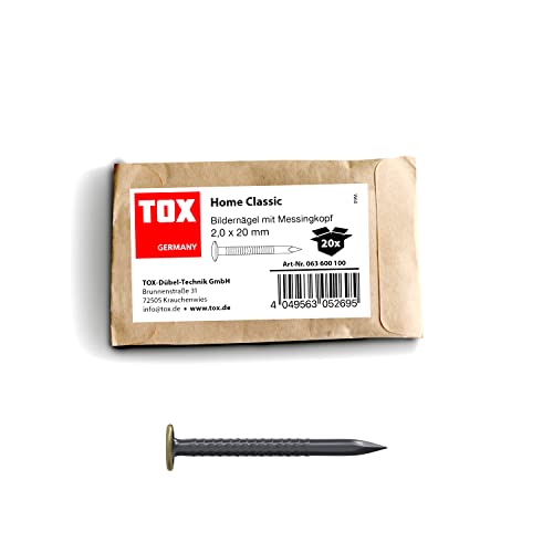 TOX Bildernagel Home Classic aus gehärtetem Stahl mit Messingkopf in recycelbarer Papierverpackung, Größe 2,0 x 20 mm, Stahlnägel für Bilder für nahezu alle Baustoffe, 20 Stk., 063600100 von TOX