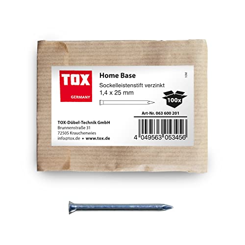 TOX 63600201 Home Base Sockelleistenstifte blau verzinkt mit tiefem Senkkopf in recycelbarer Papierverpackung, zur Befestigung von Sockelleisten, Lattungen, Holz uvm, 100 Stk, Silber, 1,4 x 25 mm von TOX