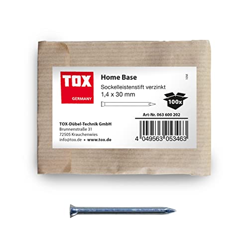 TOX 63600202 Home Base Sockelleistenstifte blau verzinkt mit tiefem Senkkopf in recycelbarer Papierverpackung, zur Befestigung von Sockelleisten, Lattungen, Holz uvm, 100 Stk, Silber, 1,4 x 30 mm von TOX
