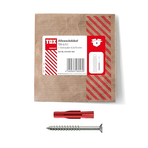 TOX 6x51 mm Allzweckdübel TRI Schraube, Dübel für zuverlässige Befestigungen in Fast Allen Baustoffen, 4 Stück in Einer wiederverschließbaren und umweltschonenden Papierverpackung, 010601061, Rot TOX 6x51 mm Allzweckdübel TRI Schraube, Dübel für zuverlässige Befestigungen in Fast Allen Baustoffen, 4 Stück in Einer wiederverschließbaren und umweltschonenden Papierverpackung, 010601061, Rot von TOX
