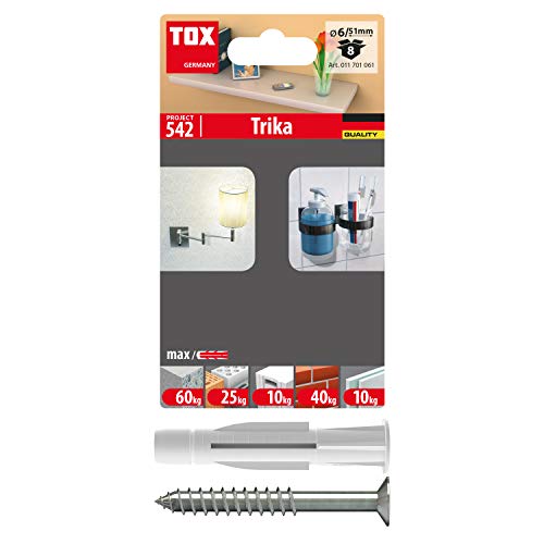 TOX Allzweckdübel TRIKA 6x51 mm + Schraube im Blister, zuverlässige Befestigung in fast allen Baustoffen, einfache Montage, mitdrehsicher und Dübelkappe schont die Oberfläche, 8 Stk., 011701061 von TOX