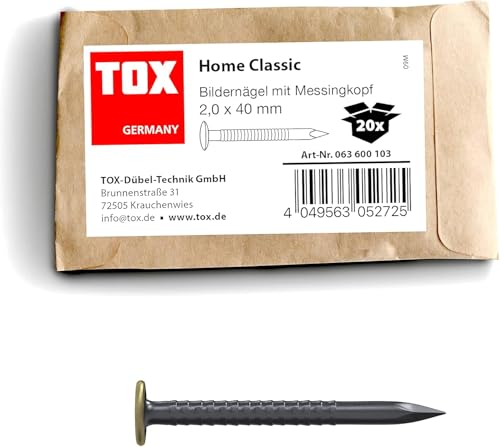 TOX Bildernagel Home Classic M aus gehärtetem Stahl mit Messingkopf in recycelbarer Papierverpackung, Größe 2,0 x 40 mm, Stahlnägel für Bilder für nahezu alle Baustoffe, 20 Stk., 063600103 TOX Bildernagel Home Classic M aus gehärtetem Stahl mit Messingkopf in recycelbarer Papierverpackung, Größe 2,0 x 40 mm, Stahlnägel für Bilder für nahezu alle Baustoffe, 20 Stk., 063600103 von TOX