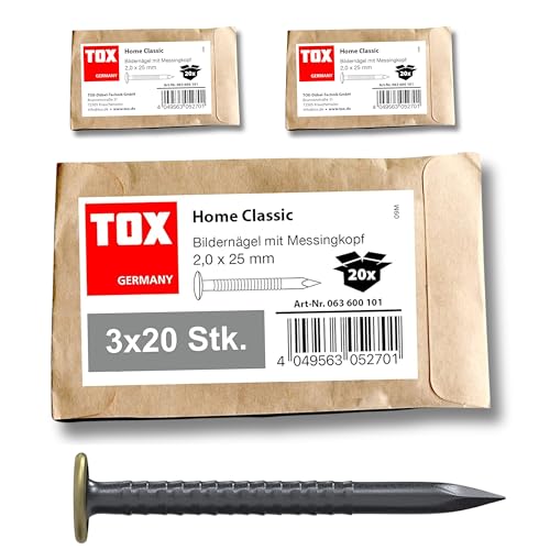 TOX Bildernagel Home Classic aus gehärtetem Stahl mit Messingkopf in recycelbarer Papierverpackung, Größe 2,0 x 25 mm, Stahlnägel für Bilder für nahezu alle Baustoffe, 3x 20 Stk., 063600101 TOX Bildernagel Home Classic aus gehärtetem Stahl mit Messingkopf in recycelbarer Papierverpackung, Größe 2,0 x 25 mm, Stahlnägel für Bilder für nahezu alle Baustoffe, 3x 20 Stk., 063600101 von TOX
