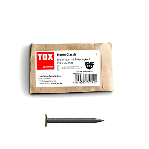 TOX Bildernagel Home Classic aus gehärtetem Stahl mit Messingkopf in recycelbarer Papierverpackung, Größe 2,0 x 30 mm, Stahlnägel für Bilder für nahezu alle Baustoffe, 20 Stk., 063600102 von TOX