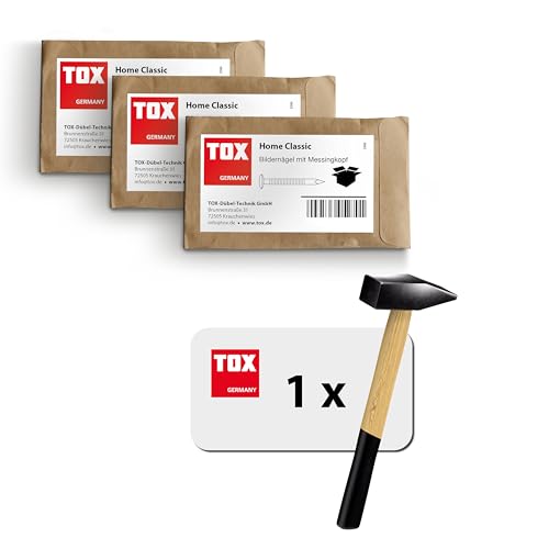 TOX Bildernagel Home Classic in 3 Größen + Schlosserhammer 300g, Nägel aus gehärtetem Stahl mit Messingkopf in recycelbarer Papierverpackung, Größe 2,0x20/25/30 mm (jeweils 20 Stk.), 063909001 von TOX