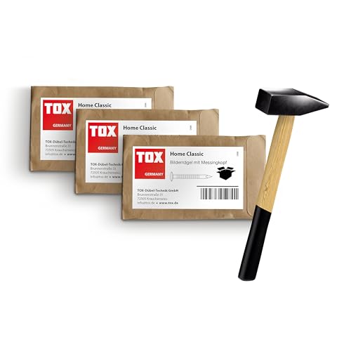 TOX Bildernagel Home Classic in 3 Größen + Schlosserhammer 300g, Nägel aus gehärtetem Stahl mit Messingkopf in recycelbarer Papierverpackung, Größe 2,0x25/30/50 mm (jeweils 20 Stk.), 063909003 von TOX