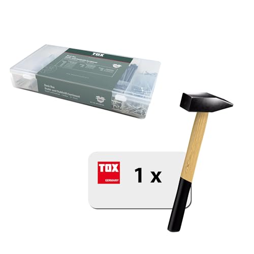 TOX Draht- und Stahlstift-Sortiment (580-tlg.) + Schlosserhammer 300g mit Eschenstiel, Nägel mit Stauch- und Senkkopf für vielseitige Anwendungen und Holzarbeiten, 9 gängige Größen, 094909141 von TOX