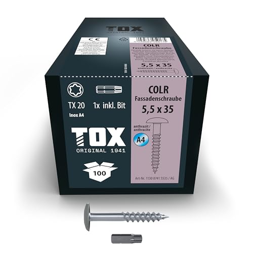 TOX Fassadenschrauben COLR 5,5 x 35 mm, Schrauben für Fassadenplatten aus Edelstahl A4 mit farbigem Tellerkopf, korrosions- und UV-beständig, 100 Stück im Karton, inkl. 1x Bit, 113087415535/AG TOX Fassadenschrauben COLR 5,5 x 35 mm, Schrauben für Fassadenplatten aus Edelstahl A4 mit farbigem Tellerkopf, korrosions- und UV-beständig, 100 Stück im Karton, inkl. 1x Bit, 113087415535/AG von TOX