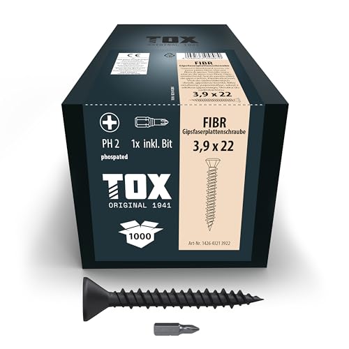 TOX Gipsfaserplattenschrauben FIBR 3,9 x 22 mm, Schrauben schwarz phosphatiert mit Senkkopf + HiLo-Gewinde für Metall- und Holz-Unterkonstruktionen, PH2, 1000 Stück, inkl. 1x Bit, 142643213922 TOX Gipsfaserplattenschrauben FIBR 3,9 x 22 mm, Schrauben schwarz phosphatiert mit Senkkopf + HiLo-Gewinde für Metall- und Holz-Unterkonstruktionen, PH2, 1000 Stück, inkl. 1x Bit, 142643213922 von TOX