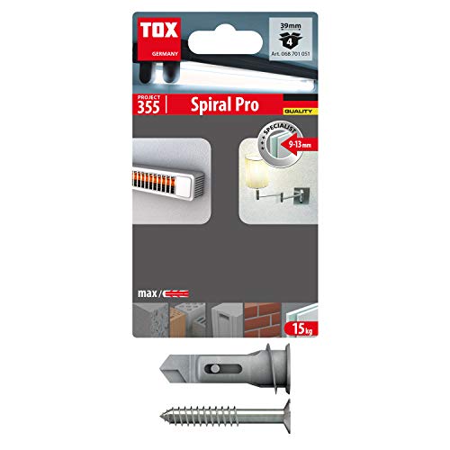 TOX Gipskartondübel Spiral Pro 39-5 + Schraube mit PZ2-Antrieb, Dübellänge 39 mm, für einlagige Gipskartonplatten und Gipsfaserplatten, ohne Vorbohren in Gipskarton, 4 Stück im Blister, 068701051 von TOX