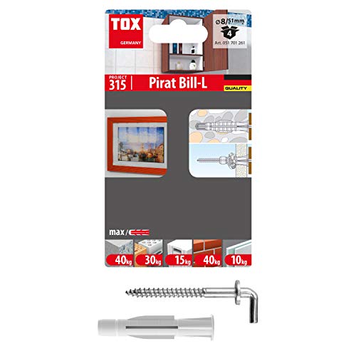 TOX Hakendübel Pirat Bill-L, Dübel 8 x 51 mm, Haken 5 x 66 mm, 4 Stück, 051701261 von TOX