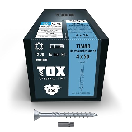 TOX Holzbauschrauben TIMBR SK 4,0 x 50 mm, blau verzinkt mit Senkkopf, TX20, Schrauben für leichtes Eindrehen und bündige Montagen im Holzbau, 500 Stück im Karton, inkl. 1x Bit, 112040414050 von TOX