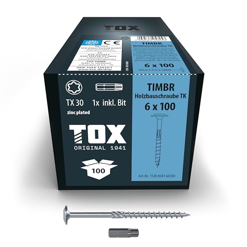 TOX Holzbauschrauben TIMBR TK 6,0 x 100 mm, blau verzinkt mit Tellerkopf, TX30, Schrauben für leichtes Eindrehen und hohe Tragfähigkeit im Holzbau, 100 Stück im Karton, inkl. 1x Bit, 1120804160100 TOX Holzbauschrauben TIMBR TK 6,0 x 100 mm, blau verzinkt mit Tellerkopf, TX30, Schrauben für leichtes Eindrehen und hohe Tragfähigkeit im Holzbau, 100 Stück im Karton, inkl. 1x Bit, 1120804160100 von TOX