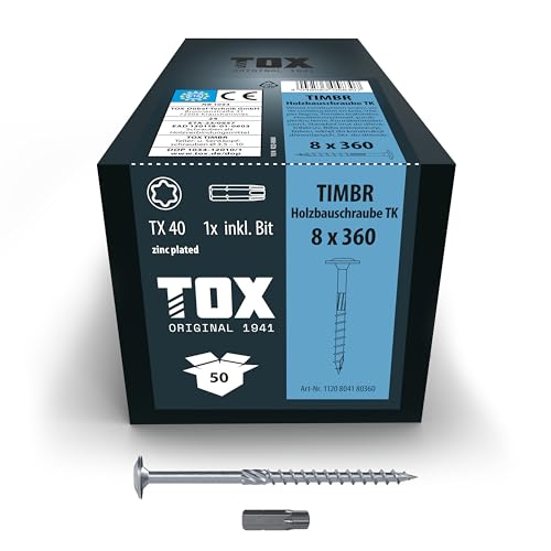 TOX Holzbauschrauben TIMBR TK 8,0 x 360 mm, blau verzinkt mit Tellerkopf, TX40, Schrauben für leichtes Eindrehen und hohe Tragfähigkeit im Holzbau, 50 Stück im Karton, inkl. 1x Bit, 1120804180360 TOX Holzbauschrauben TIMBR TK 8,0 x 360 mm, blau verzinkt mit Tellerkopf, TX40, Schrauben für leichtes Eindrehen und hohe Tragfähigkeit im Holzbau, 50 Stück im Karton, inkl. 1x Bit, 1120804180360 von TOX
