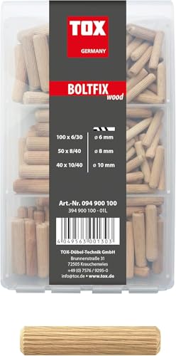TOX Holzdübel Miniset Boltfix M wood, Gr. 6x30 mm (100 Stk.), 8x40 mm (50 Stk.), 10x40 mm (40 Stk.), zuverlässige Verbindung von Holzteilen für Möbel geeignet, mit praktischer Box, 190 tlg., 094900100 von TOX