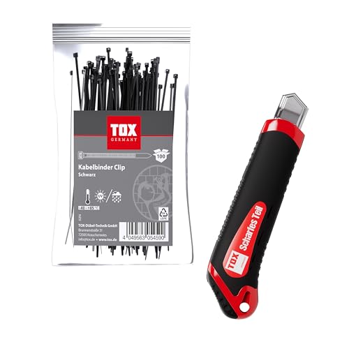 TOX Kabelbinder-Set Clip (300-tlg.) + Cuttermesser, Kabelbinder in 3 Größen mit jeweils 100 Stück, 3,6 x 140/200/300 mm + 1 Teppichmesser mit ABS-Gehäuse und 2 Ersatzklingen, 09990919 von TOX