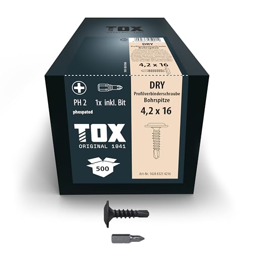 TOX Profilverbinderschrauben DRY PV BS 4,2 x 16 mm, Schrauben schwarz phosphatiert, Tellerkopf, Bohrspitze + Feingewinde, zur Verbindung von CW-Profilen, PH2, 500 Stück, inkl. 1x Bit, 142883214216 von TOX