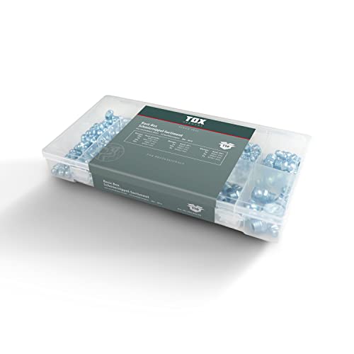 TOX Schmiernippel-Sortiment aus verzinktem Stahl in 10 gängigen Größen M6, M8 und M10 + gerade, 45° und 90° Ausführung in transparenter Transportbox, 110-tlg., 09490206 von TOX