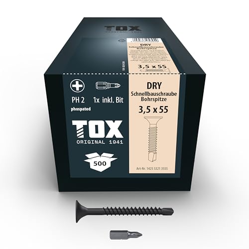 TOX Schnellbauschrauben DRY BS 3,5 x 55 mm, Schrauben schwarz phosphatiert mit Feingewinde + Bohrspitze, Gipskartonplatte auf Metall-Unterkonstruktion, PH2, 500 Stück, inkl. 1x Bit, 142553213555 von TOX