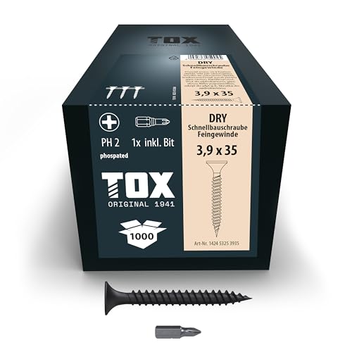 TOX Schnellbauschrauben DRY FG 3,9 x 35 mm, magaziniert für schnelle Montage mit Magazinschrauber, Feingewinde, Gipskartonplatte auf Metall-Unterkonstruktion, 1000 Stück im Karton, 142453253935 TOX Schnellbauschrauben DRY FG 3,9 x 35 mm, magaziniert für schnelle Montage mit Magazinschrauber, Feingewinde, Gipskartonplatte auf Metall-Unterkonstruktion, 1000 Stück im Karton, 142453253935 von TOX
