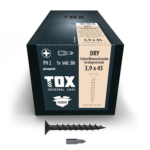 TOX Schnellbauschrauben DRY GG 3,9 x 45 mm, Schrauben schwarz phosphatiert mit Trompetenkopf + Grobgewinde, Gipskartonplatte auf Holz-Unterkonstruktion, PH2, 1000 Stück, inkl. 1x Bit, 142353213945 von TOX