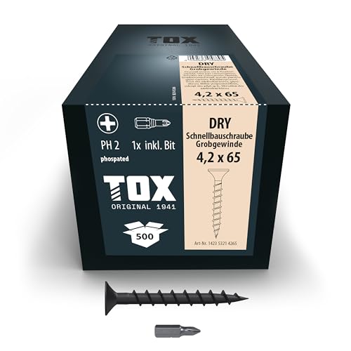 TOX Schnellbauschrauben DRY GG 4,2 x 65 mm, Schrauben schwarz phosphatiert mit Trompetenkopf + Grobgewinde, Gipskartonplatte auf Holz-Unterkonstruktion, PH2, 500 Stück, inkl. 1x Bit, 142353214265 TOX Schnellbauschrauben DRY GG 4,2 x 65 mm, Schrauben schwarz phosphatiert mit Trompetenkopf + Grobgewinde, Gipskartonplatte auf Holz-Unterkonstruktion, PH2, 500 Stück, inkl. 1x Bit, 142353214265 von TOX