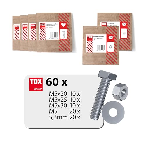 TOX Set (100-tlg.) mit Sechskantschrauben in 3 Größen, Sechskantmutter M5 und Unterlegscheibe 5,3 mm, galvanisch verzinkt, Schrauben, Muttern und U-Scheibe als Set, Papierverpackung, 09990913 von TOX