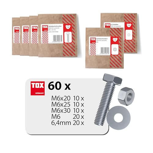 TOX Set (100-tlg.) mit Sechskantschrauben in 3 Größen, Sechskantmutter M6 und Unterlegscheibe 6,4 mm, galvanisch verzinkt, Schrauben, Muttern und U-Scheibe als Set, Papierverpackung, 09990914 von TOX