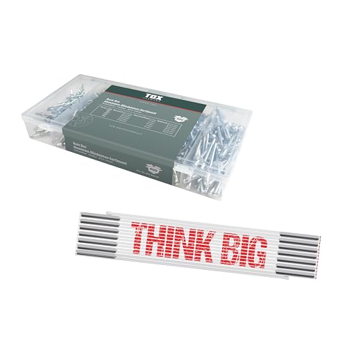TOX Set mit Blindnieten-Sortiment (400-tlg.) + THINK BIG 3m Zollstock, Blindnieten aus Aluminium in 6 Größen und Transportbox + Meterstab, für Alu- und Stahlbleche, 094909156 von TOX