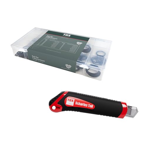 TOX Set mit O-Ring-Sortiment (225-tlg.) + Cuttermesser mit ABS-Gehäuse und 2 Ersatzklingen, Dichtungsringe in Transportbox und 18 Größen, Durchmesser 3-22 mm, Schnurstärke 1-4 mm, 094909160 von TOX