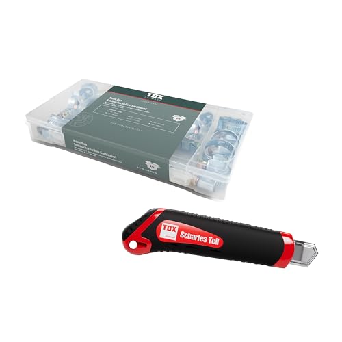 TOX Set mit Schlauchschellen-Sortiment (26-tlg.) + Cuttermesser mit ABS-Gehäuse und 2 Ersatzklingen, Schlauchschellen in Transportbox und 6 Größen, Spannbereich 10-40 mm, 094909159 von TOX
