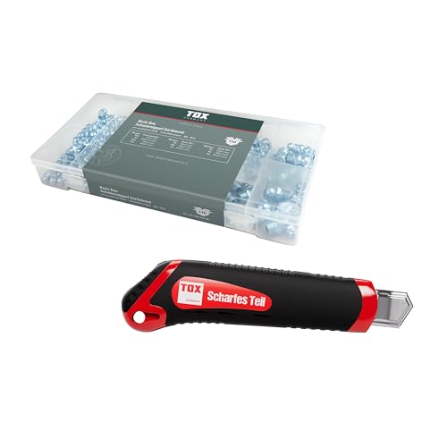 TOX Set mit Schmiernippel-Sortiment (110-tlg.) + Cuttermesser mit 2 Ersatzklingen, Schmiernippel in Transportbox und 10 gängigen Größen M6, M8 und M10, als A-, B- und C-Ausführung, 094909157 von TOX