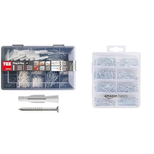 TOX Sortimentskoffer Plug and Play – 320 tlg. Set mit drei Dübelgrößen (Ø 5, 6 und 8 mm) und passenden Schrauben – 1190101 & Amazon Basics – Nagel-Set, 550 Stück von TOX