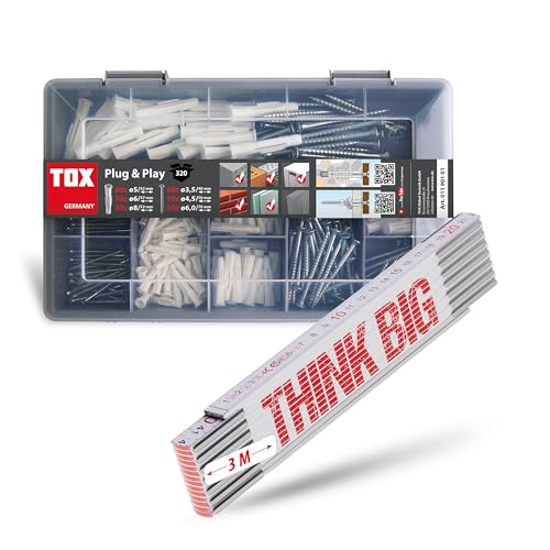 TOX Sortimentskoffer Plug & Play (320-tlg.) + THINK BIG 3m Zollstock, Dübelset inkl. Schrauben + Meterstab, Allzweckdübel TRIKA 5/31, 6/36 und 8/51, Dübel für nahezu alle Baustoffe, 011909040 von TOX