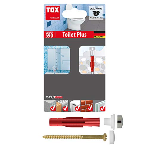 TOX Stand-WC-Befestigung Toilet Plus, mit Allzweckdübel Tri 8x51 + Messing-Sechskantschrauben 6x85, inklusive Abdeckkappen weiß + chrom, korrosionsfrei, je 2 Stück im Blister, 045701461 von TOX