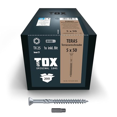 TOX Terrassenschrauben TERAS 5,0 x 50 mm, Schrauben mit Zierkopf für formschönes Flächenbild, witterungsbeständig durch Edelstahl C1, TX25, 200 Stück im Karton, inkl. 1x Bit, 113165415050 TOX Terrassenschrauben TERAS 5,0 x 50 mm, Schrauben mit Zierkopf für formschönes Flächenbild, witterungsbeständig durch Edelstahl C1, TX25, 200 Stück im Karton, inkl. 1x Bit, 113165415050 von TOX
