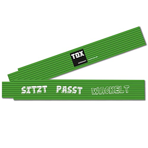 TOX Zollstock 2m in grün - Meterstab mit Aufdruck Sitzt Passt Wackelt - Gliedermaßstab aus Buchenholz mit Winkelmessfunktion und farbigen Dezimalzahlen - Genauigkeitsklasse III - 9969003-1 Stück von TOX