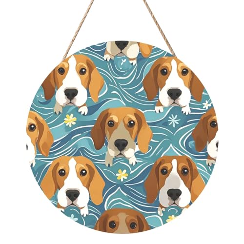 Door Sig Personalisiertes Willkommensschild, Holzschild für Haustür, Beagle-Muster, Holzschilder, unlackiertes Holzschild mit Schnur, Heimdekoration, Gartenschild für Garten, Hof von TOXOCMDKLE