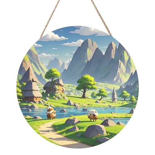 Door Sig Personalisiertes Willkommensschild, Holzschild für Haustür, Cartoon-Landschaft, Holzschilder, unlackiertes Holzschild mit Schnur, Heimdekoration, Gartenschild für Garten, Hof von TOXOCMDKLE