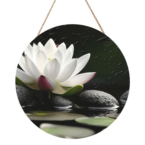 Door Sig Personalisiertes Willkommensschild, Holzschild für Haustür, Lotus und schwarze Zen-Steine, Holzschilder, unlackiertes Holzschild mit Schnur, Heimdekoration, Gartenschild für Garten, Hof von TOXOCMDKLE