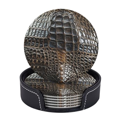 Getränkeuntersetzer mit Halter, Leder-Untersetzer für Getränke, Alligatorhaut, Tischschutz, Tassenmatte, Heimdekoration, Kaffeetassenmatte für Küche, Esszimmer, Couchtisch, 6 Stück von TOXOCMDKLE