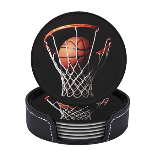 Getränkeuntersetzer mit Halter, Leder-Untersetzer für Getränke, Basketball, Tischschutz, Tassenmatte, Heimdekoration, Kaffeetassenmatte für Küche, Esszimmer, Couchtisch, 6 Stück von TOXOCMDKLE