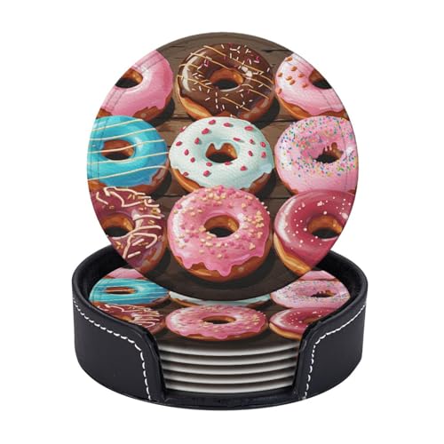 Getränkeuntersetzer mit Halter, Leder-Untersetzer für Getränke, Donuts, Tischschutz, Tassenmatte, Heimdekoration, Kaffeetassenmatte für Küche, Esszimmer, Couchtisch, 6 Stück von TOXOCMDKLE
