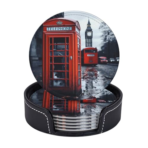 Getränkeuntersetzer mit Halter, Leder-Untersetzer für Getränke, England, Großbritannien, Retro, London, Telefonuntersetzer, Tischschutz, Tassenmatte, Heimdekoration, Kaffeetassenmatte für Küche von TOXOCMDKLE
