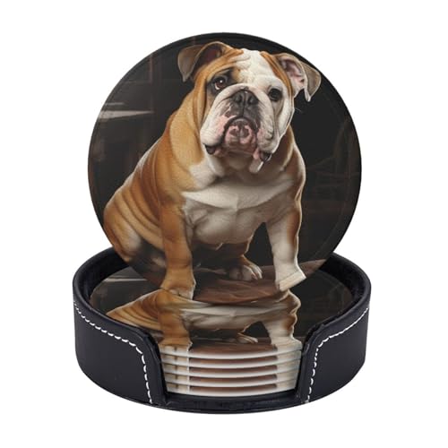 Getränkeuntersetzer mit Halter, Leder-Untersetzer für Getränke, Englische Bulldogge, Tischschutz, Tassenmatte, Heimdekoration, Kaffeetassenmatte für Küche, Esszimmer, Couchtisch, 6 Stück von TOXOCMDKLE