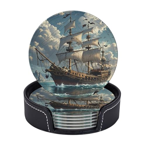 Getränkeuntersetzer mit Halter, Leder-Untersetzer für Getränke, Fantasie-Piratenschiff, Tischschutz, Tassenmatte, Heimdekoration, Kaffeetassenmatte für Küche, Esszimmer, Couchtisch, 6 Stück von TOXOCMDKLE