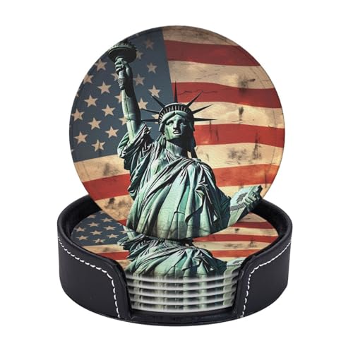 Getränkeuntersetzer mit Halter, Leder-Untersetzer für Getränke, Freiheitsstatue gegen Untersetzer, Tischschutz, Tassenmatte, Heimdekoration, Kaffeetassenmatte für Küche, Esszimmer, Couchtisch, 6 Stück Getränkeuntersetzer mit Halter, Leder-Untersetzer für Getränke, Freiheitsstatue gegen Untersetzer, Tischschutz, Tassenmatte, Heimdekoration, Kaffeetassenmatte für Küche, Esszimmer, Couchtisch, 6 Stück von TOXOCMDKLE