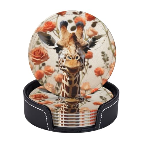 Getränkeuntersetzer mit Halter, Leder-Untersetzer für Getränke, Giraffe, stehend unter Blumen, Tischschutz, Tassenmatte, Heimdekoration, Kaffeetassenmatte für Küche, Esszimmer, Couchtisch, 6 Stück Getränkeuntersetzer mit Halter, Leder-Untersetzer für Getränke, Giraffe, stehend unter Blumen, Tischschutz, Tassenmatte, Heimdekoration, Kaffeetassenmatte für Küche, Esszimmer, Couchtisch, 6 Stück von TOXOCMDKLE