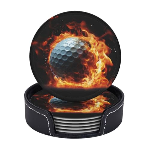 Getränkeuntersetzer mit Halter, Leder-Untersetzer für Getränke, Golfball auf Feuer, Untersetzer, Tischschutz, Tassenmatte, Heimdekoration, Kaffeetassenmatte für Küche, Esszimmer, Couchtisch, 6 Stück Getränkeuntersetzer mit Halter, Leder-Untersetzer für Getränke, Golfball auf Feuer, Untersetzer, Tischschutz, Tassenmatte, Heimdekoration, Kaffeetassenmatte für Küche, Esszimmer, Couchtisch, 6 Stück von TOXOCMDKLE