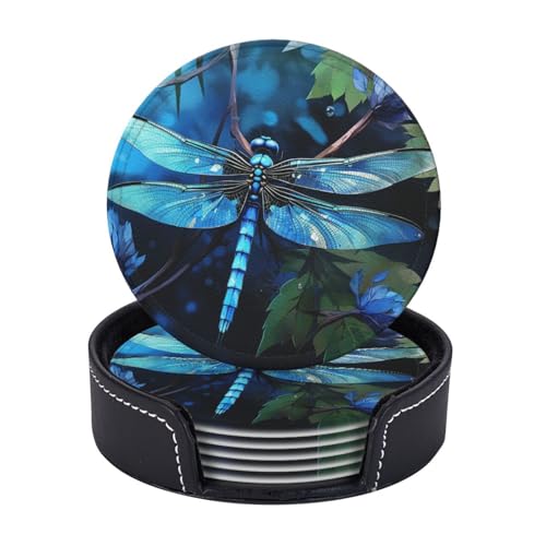 Getränkeuntersetzer mit Halter, Leder-Untersetzer für Getränke, Kunst, blaue Libellen-Untersetzer, Tischschutz, Tassenmatte, Heimdekoration, Kaffeetassenmatte für Küche, Esszimmer, Couchtisch, 6 Stück Getränkeuntersetzer mit Halter, Leder-Untersetzer für Getränke, Kunst, blaue Libellen-Untersetzer, Tischschutz, Tassenmatte, Heimdekoration, Kaffeetassenmatte für Küche, Esszimmer, Couchtisch, 6 Stück von TOXOCMDKLE